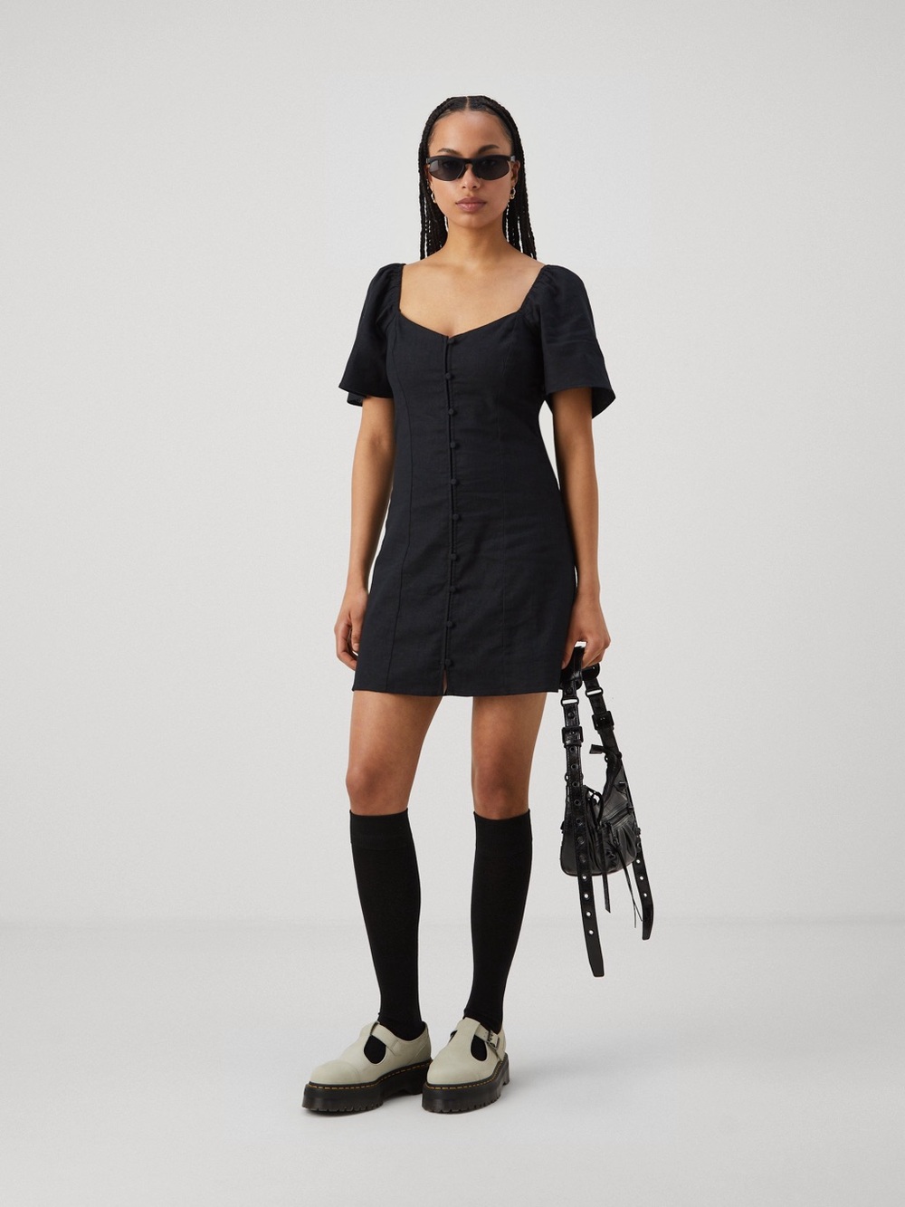 Abercrombie & Fitch Black Puff-Sleeve Button Mini Dress